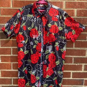 🔥 REASON Brand Rose & Skull Allover Print Button-Up Shirt 🌹
